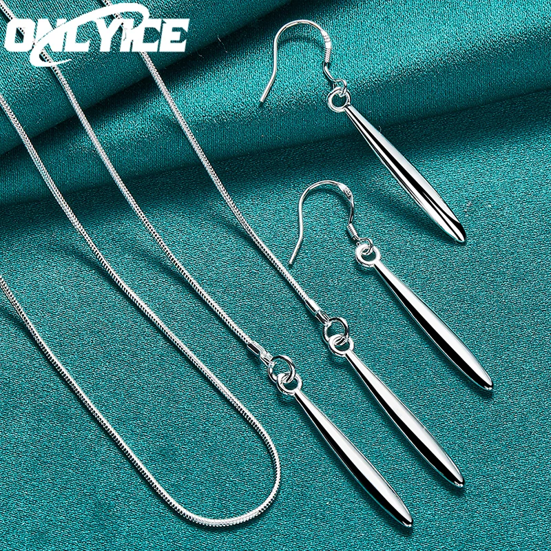 

Hot 2pcs Woman Jewelry Sets 925 Sterling Silver Smooth Double Needle Pendant Necklace Earring Fashion Party Wedding Holiday Gift