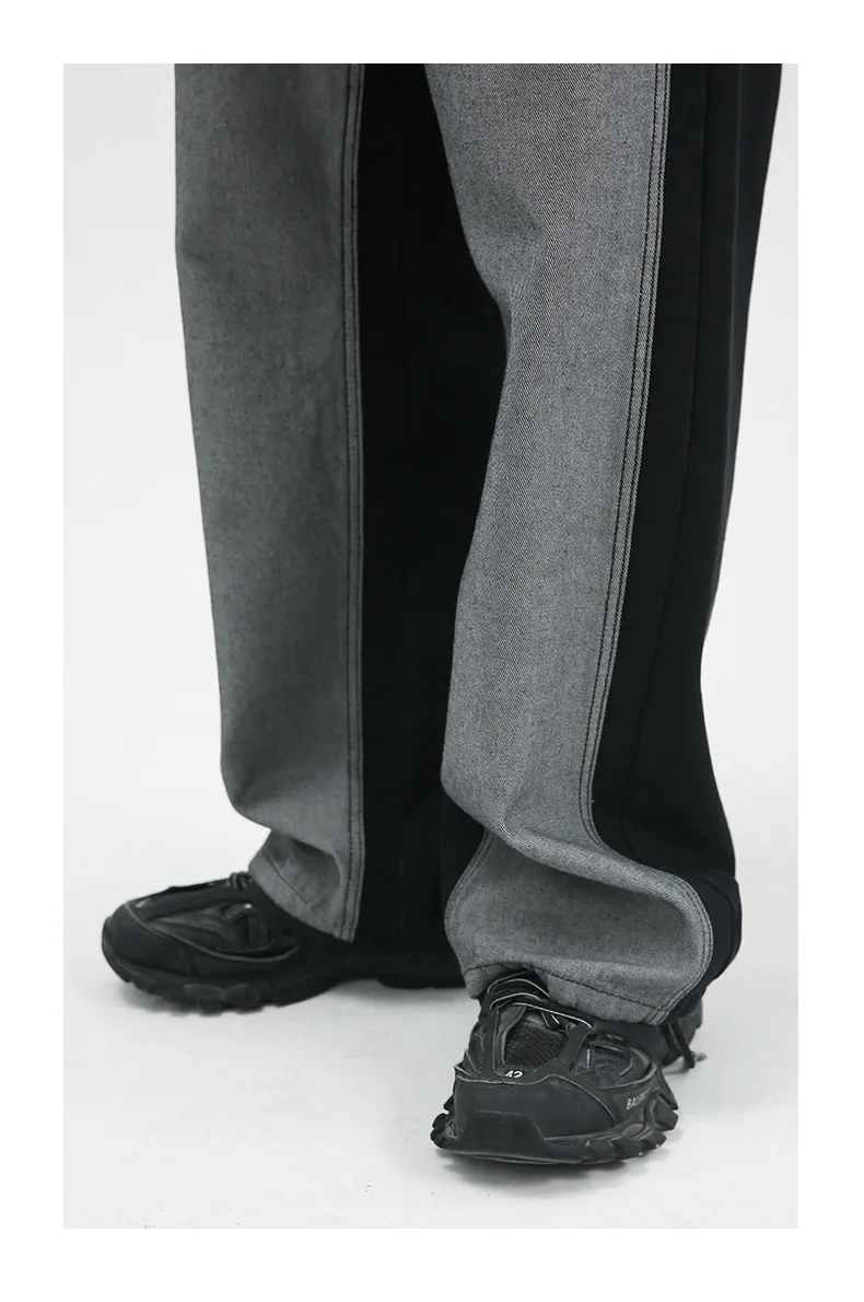 Four Seasons Men's Trousers Loose Trend Stitching Men's Straight Loose Jeans Hip Hop Style Street Jeans INS Hot Street Style