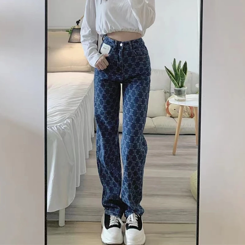 

Прямые мешковатые брюки Y2k, уличная одежда, модные джинсы в Корейском стиле, женские широкие брюки с высокой талией и принтом для девушек, повседневные джинсовые брюки