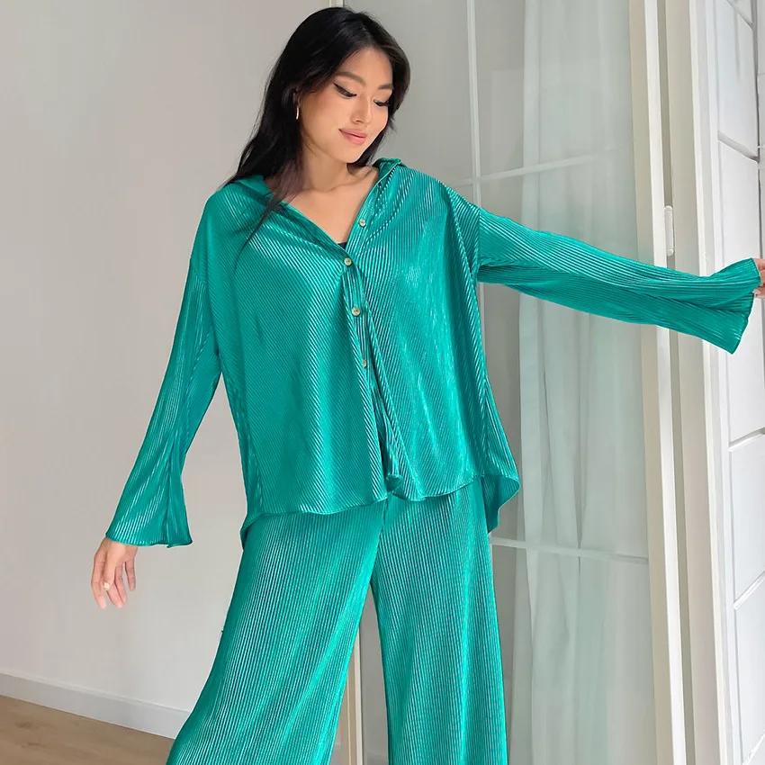 Women's Pajamas 2 Piece Set French Style Long Sleeve Button Pleated Solid Lapel Shirt Loose Pants Lounge Wear Women Nightwear
