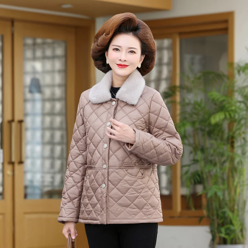Autumn winter Quilted Jacket Warm Lambswool lapel Parkas Middle Age Women Cotton-padded Tops Mother Cotton Coat Outwear