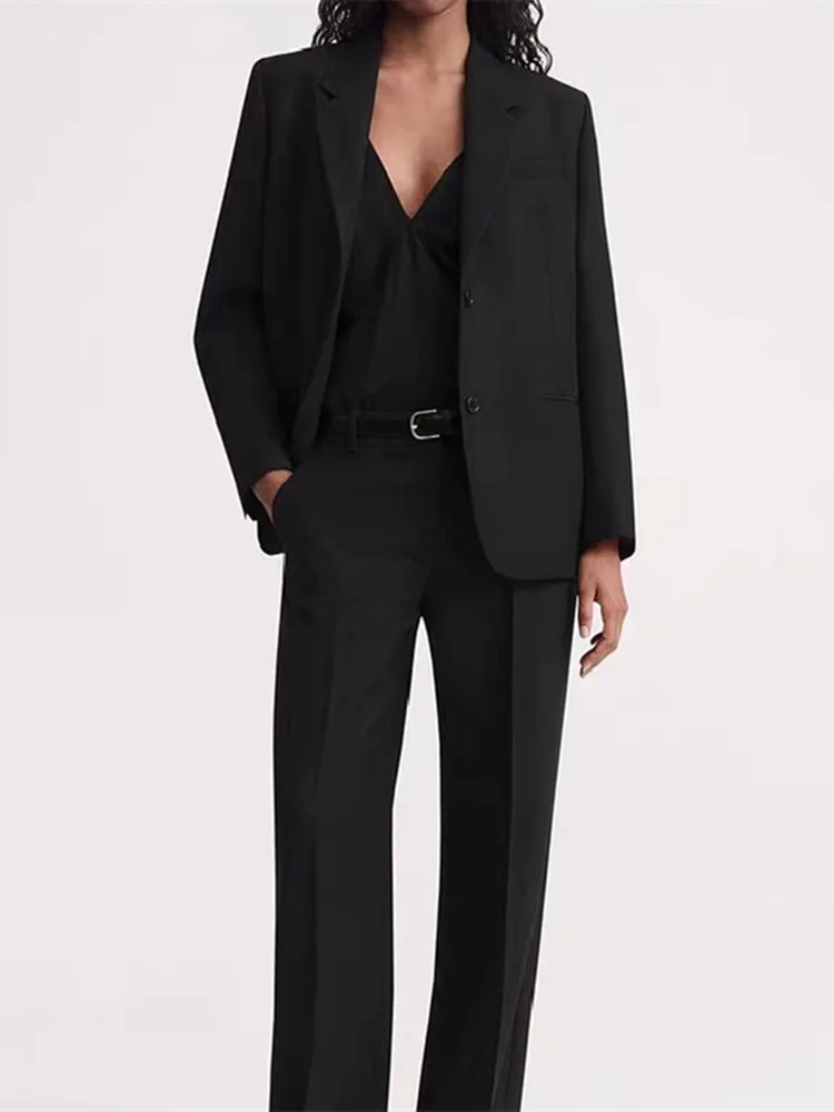 

Женский однобортный свободный костюм, черный офисный комплект из блейзера или длинных брюк на молнии, смесовая шерсть, осень 2023