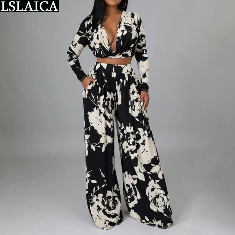 

New Pant Suits for Women Set Fashion Long Sleeve Deep V-neck Blouses and Wide Leg Pants Elegant Free Shipping Spring Casual Knit