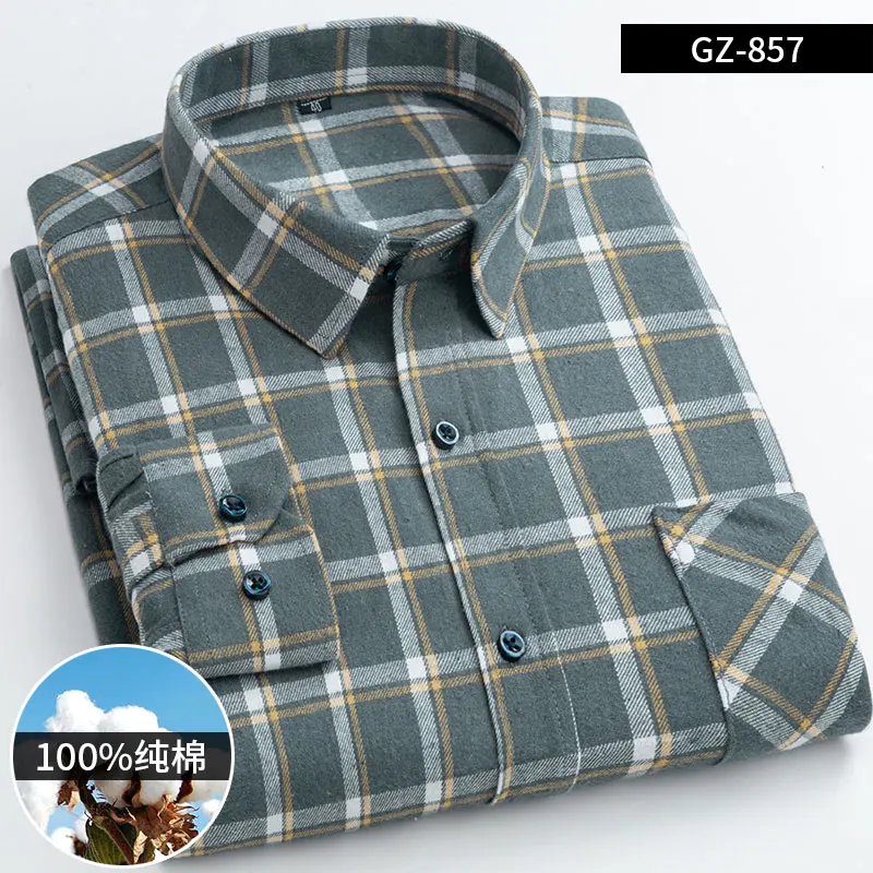2023 New 100% Cotton Sanding Fabric Standard-fit  Men Casual Plaid Brushed Flannel Shirt Long-Sleeved Oversize Size S-6XL