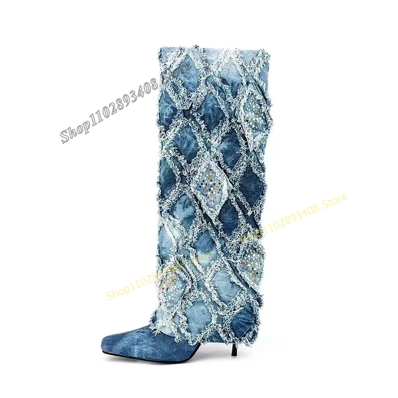 

Bule Demin Crystal Mid Calf Boots Pointed Toe Stilettos High Heel New Autumn Women Shoes 2023 Fashion Sexy Zapatos Para Mujere