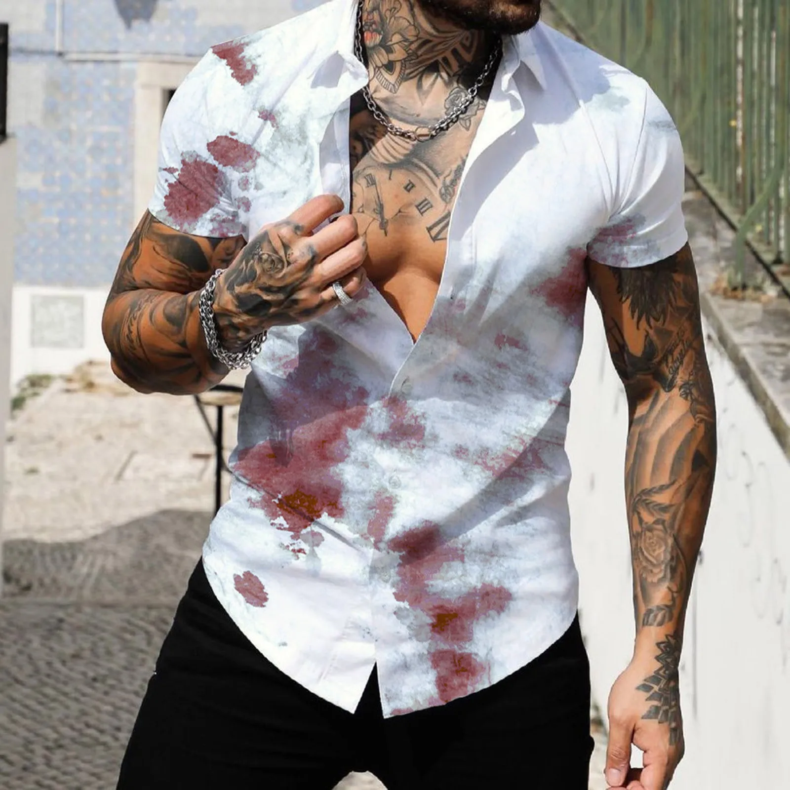 

Anime Tee Shirts Men Men Spring Summer Single Breasted Casual Lapel Full Print Beach Short Sleeve Vacation Long Black Shirts Men