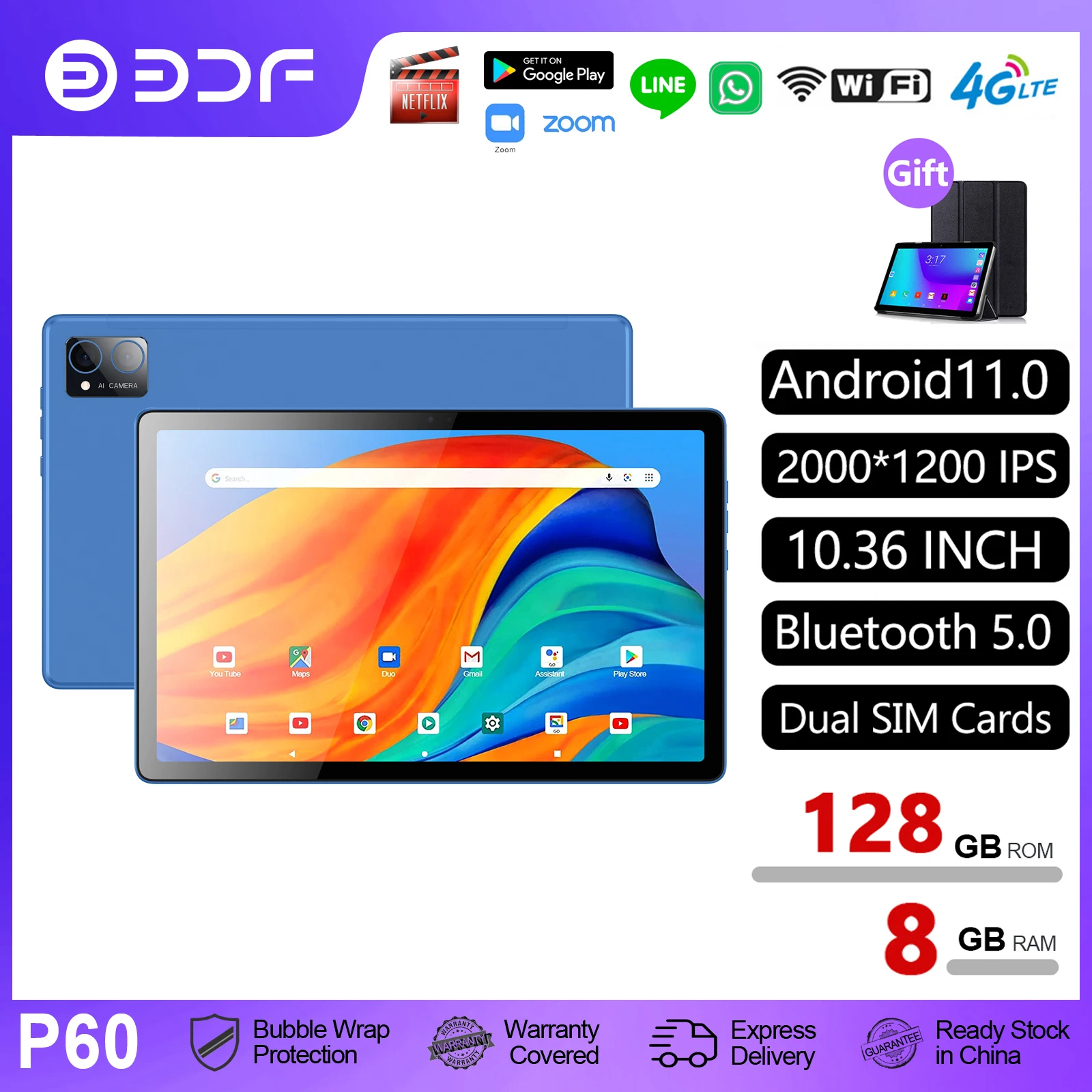 World Premiere BDF P60 Pad 10.36 Inch Tablet Pc Android 11.0 OS 2000*1200 IPS 2K Screen 8GB RAM 128GB ROM 4G LTE Phone Tablets