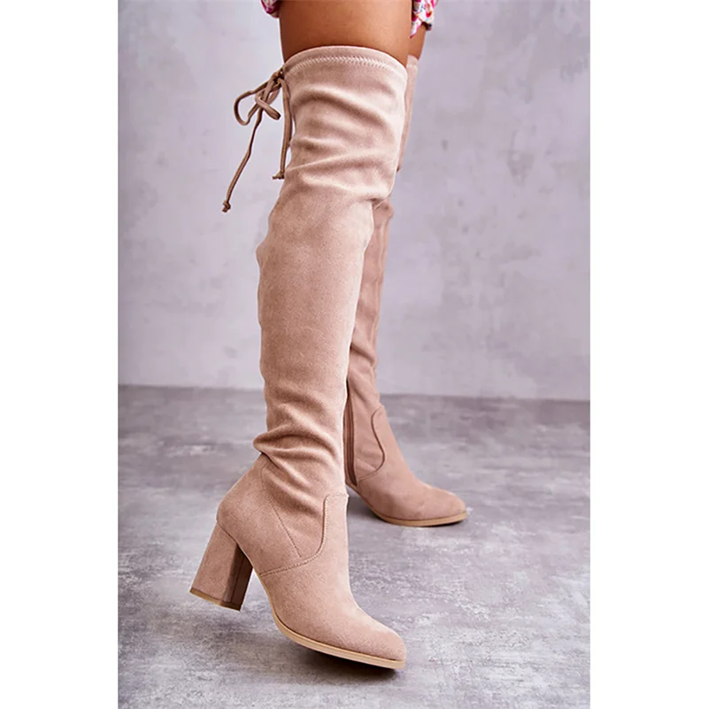 

Women Boots Winter 2022 Designer Luxury Faux Suede Plus Size High Heel Women Shoes Classic Round Head Lady Over-the-knee Boots