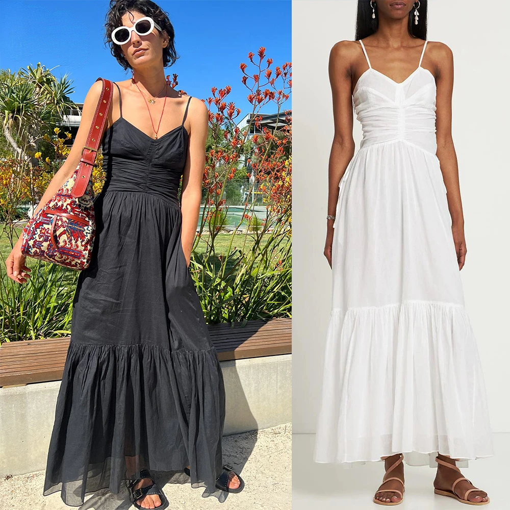 2023 New Women Long Cotton Dress V Neck Simple and Elegant Texture Pleated High Waist Sling A-line dress