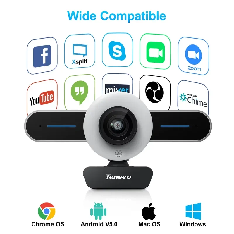 USB-веб-камера Tenveo T1 HD 1080P с автофокусом, кольцевой подсветкой и микрофоном для прямых трансляций и конференций (art.: 3920db616a997) - 3920db616a997
