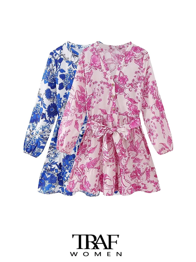 

TRAF Women Fashion With Belt Printed Mini Dress Vintage Long Sleeve Front Button Female Dresses Vestidos Mujer