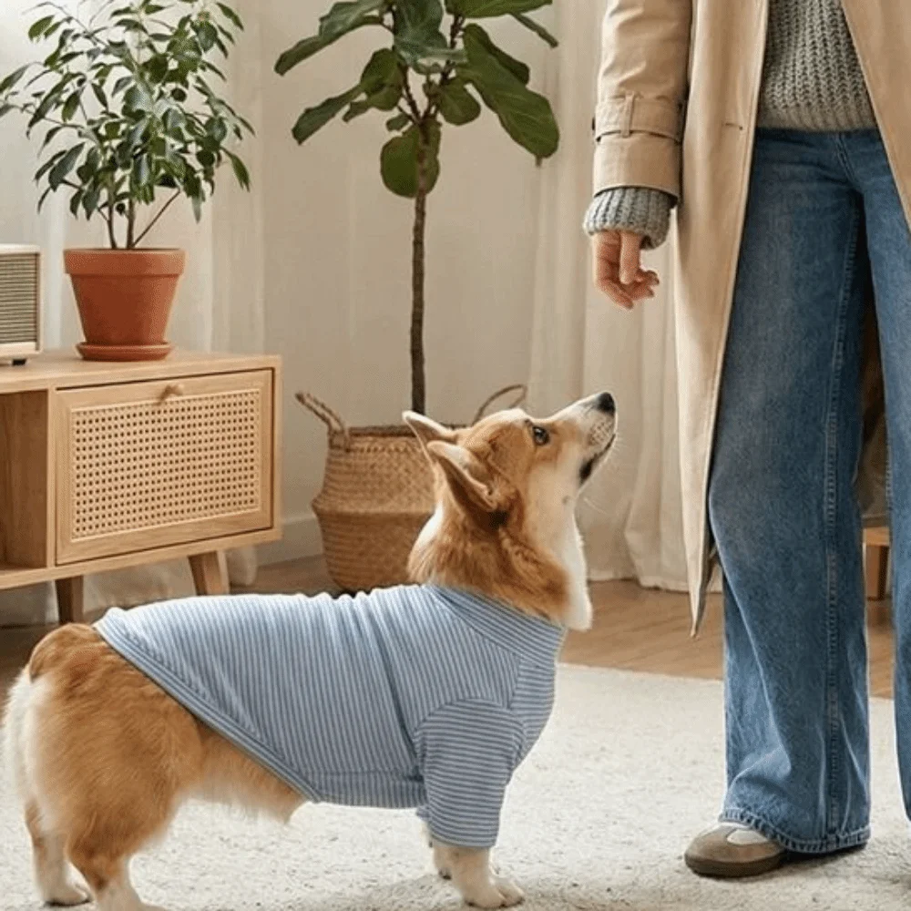 Фото Повседневная теплая мягкая кофта для собак с полосатым узором, высоким воротником, разноцветная, на двух лапах, для защиты на улице №1
