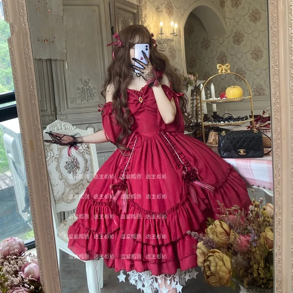 

Lolita Palace Style Princess Strapless Neckline Red Elegant High Waist Victorian Dress Victorian Dress Kawaii Girl Lolita Op
