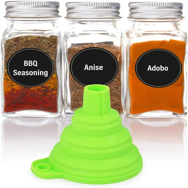 

Includes Clear Ti Spice Set 14 Glass Jars with Airtight Screw-on Covers, Shaker Lids, 240 White and Black Labels, Collapsible Si