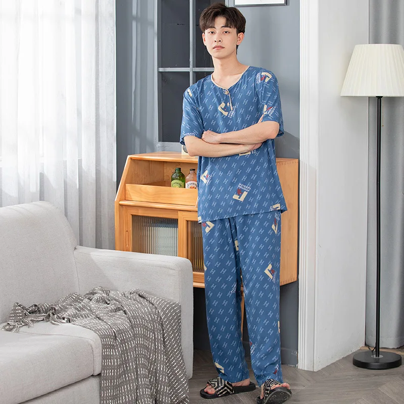 Men's Pajamas Summer Short Sleeve Cotton Silk Thin Pajamas Oversize Round Neck Men's Suit Home Clothes