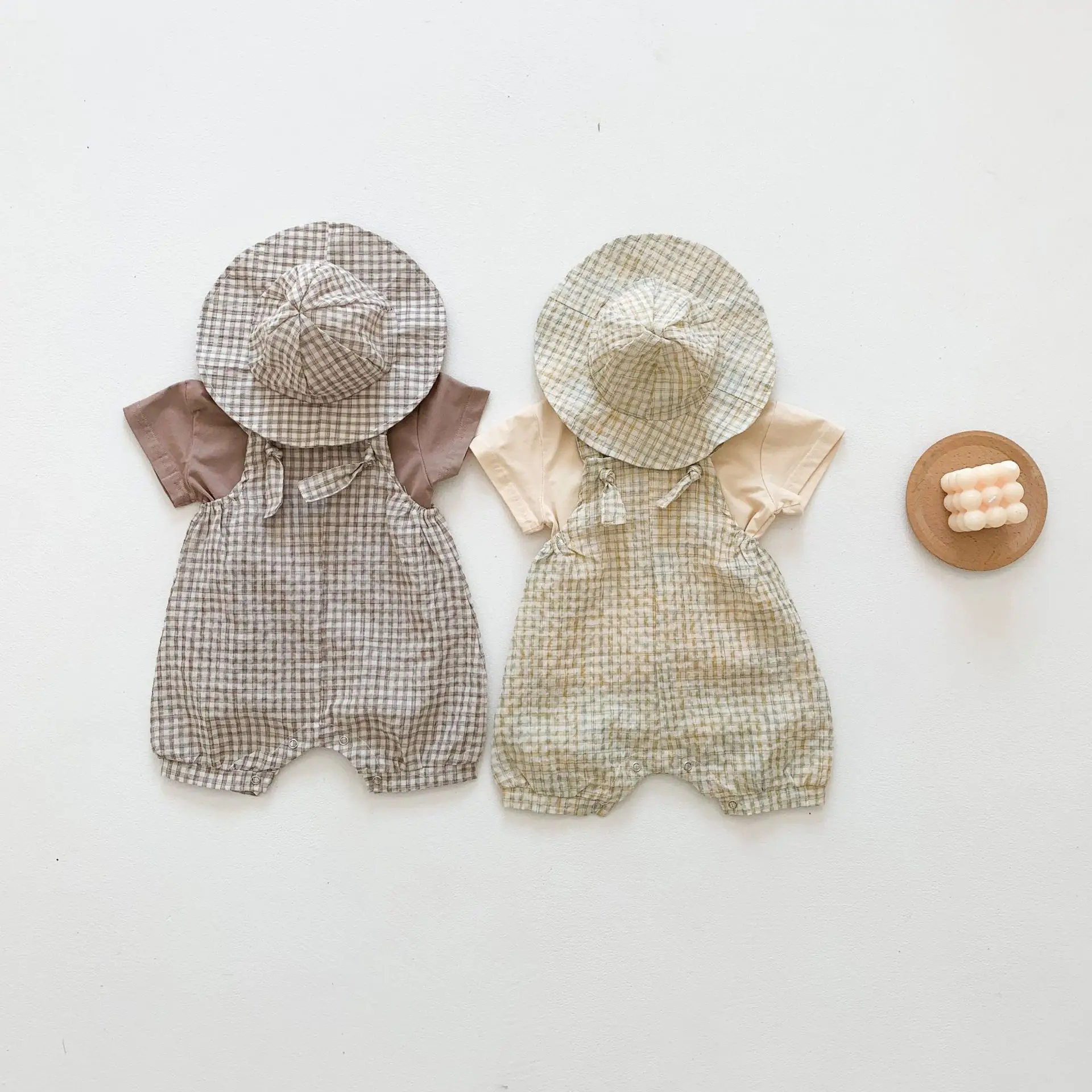 

Newborn Boy Girl Summer Outfits Clothes Toddler Cotton Short Sleeve Top Linen Plaid Jumpsuit Hat Sets Infant Baby Overalls Suit