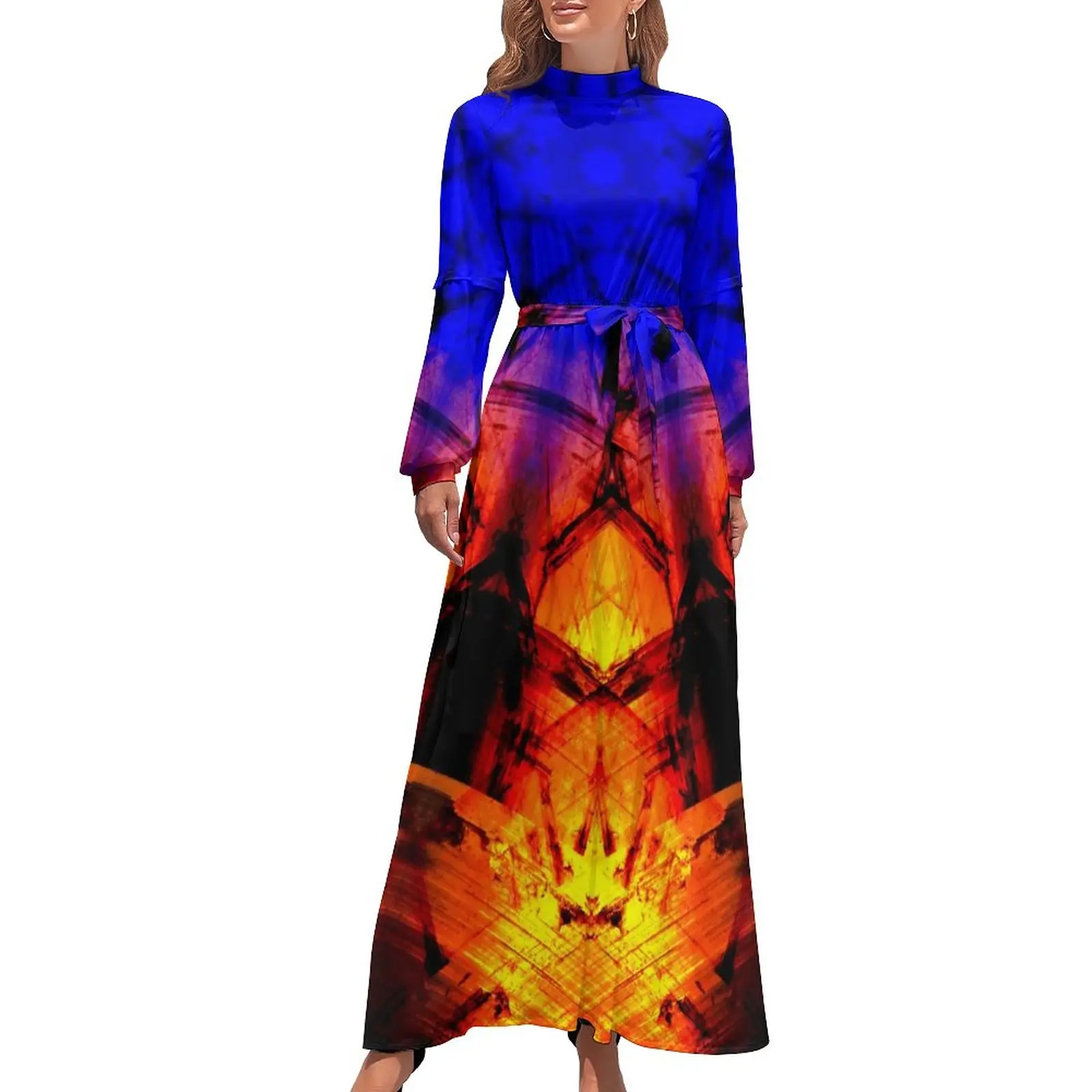 

Vintage Metallic Dress Long Sleeve Fire Ice Mandala Print Kawaii Maxi Dress Autumn High Neck Aesthetic Boho Beach Long Dresses