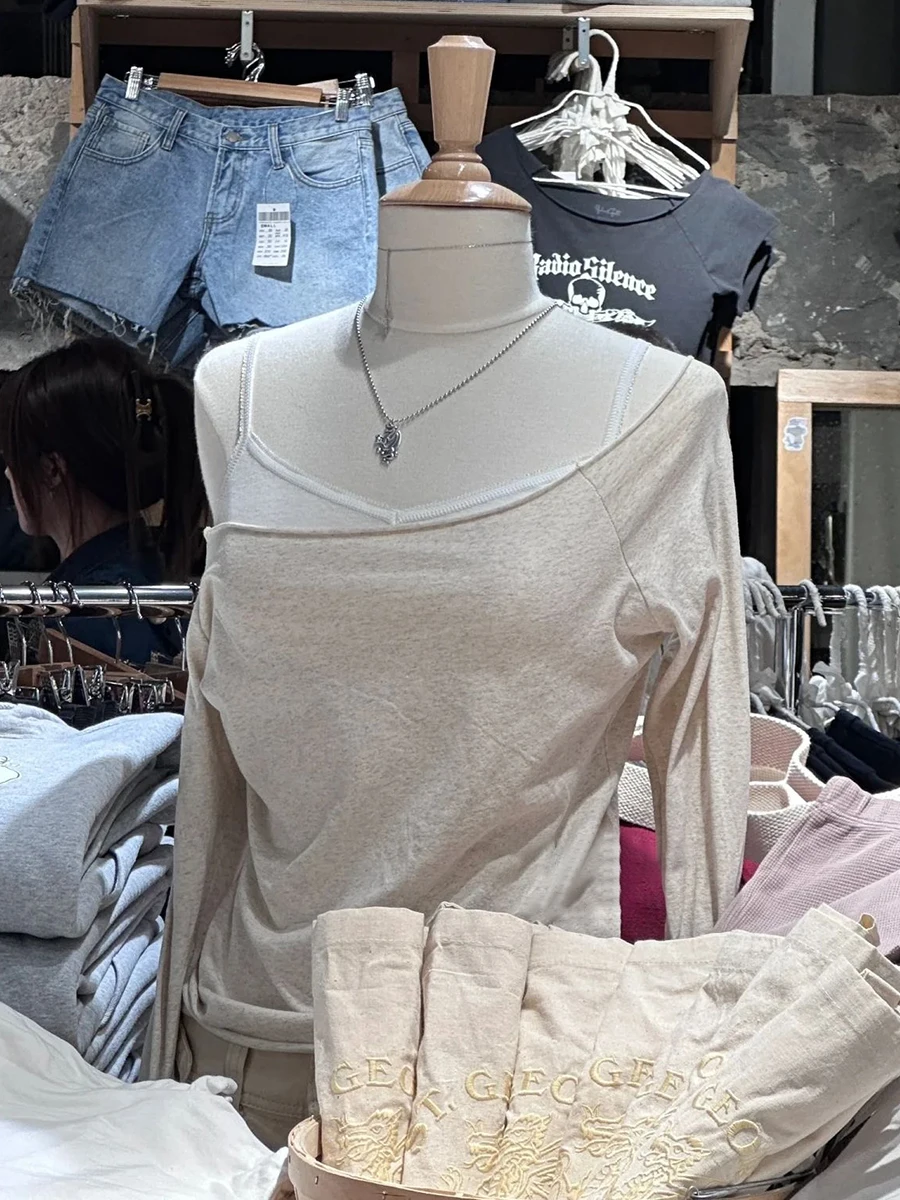 Тонкая футболка с длинным рукавом Raw Hem женская осенняя сексуальная хлопковая