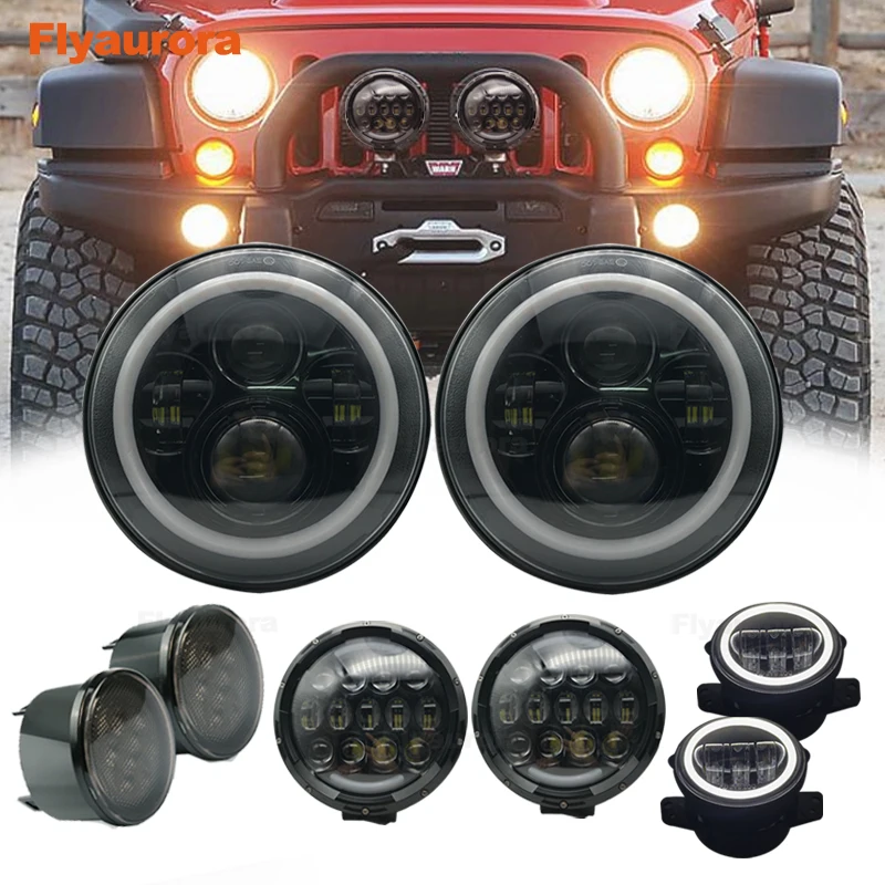 

7 LED headlights DRL+7inch Worklight+ 4" Fog Lights Halo Ring + Front Fender & Grille Turn Signal Lamps For Jeep Wrangler JK JKU