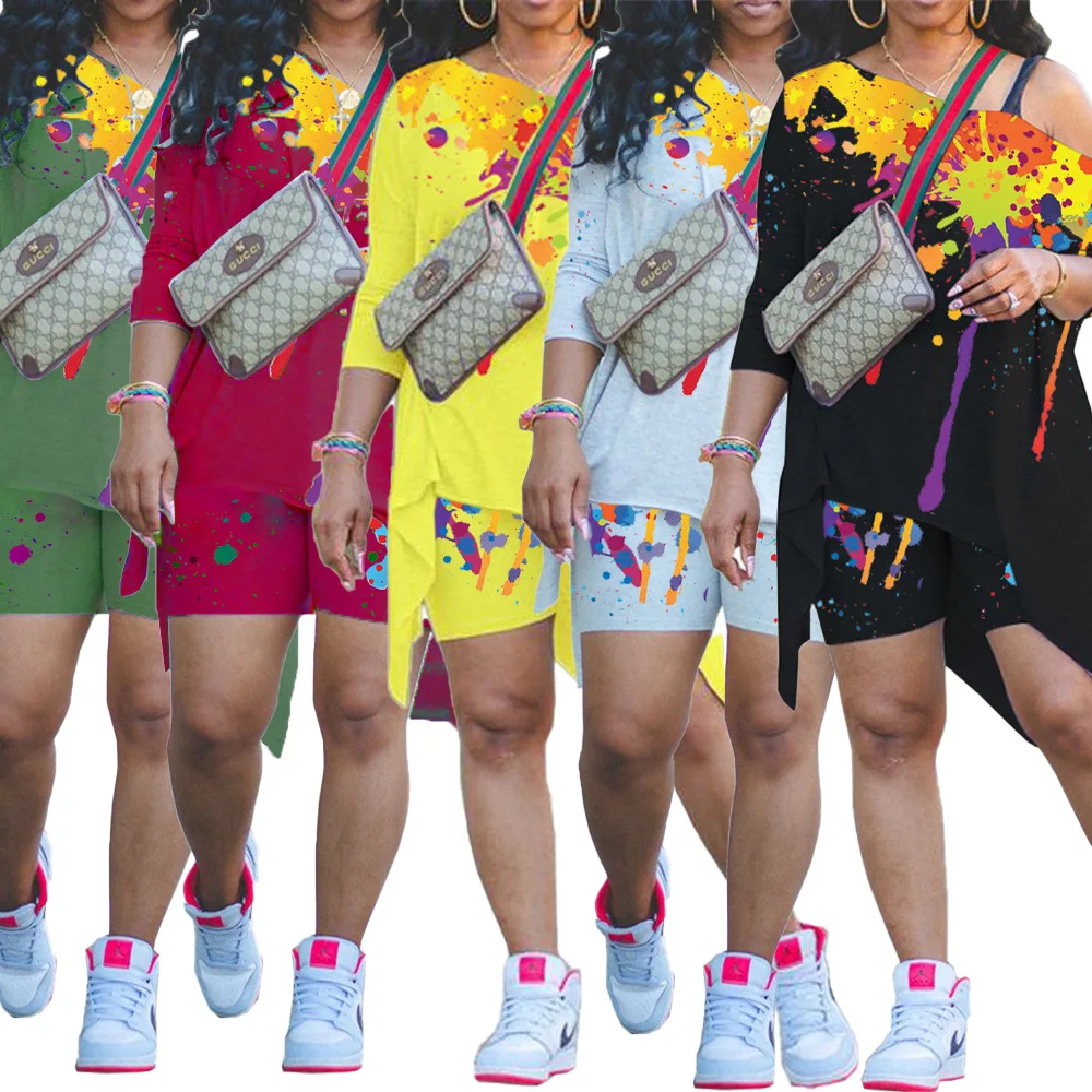 

Street Casual Two Piece Sets Womens Outifit Women Skew Collar Graffiti Print Long T-Shirt and Shorts Y2k Juicy Corture Tracksuit