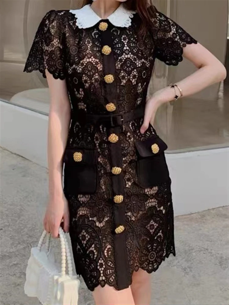Mesh A-Line Summer 2023 Lace Dresses Women Elegant Dress Boho Woman Short Sleeve Vintage Party Solid Embroidery Sexy Black Robe