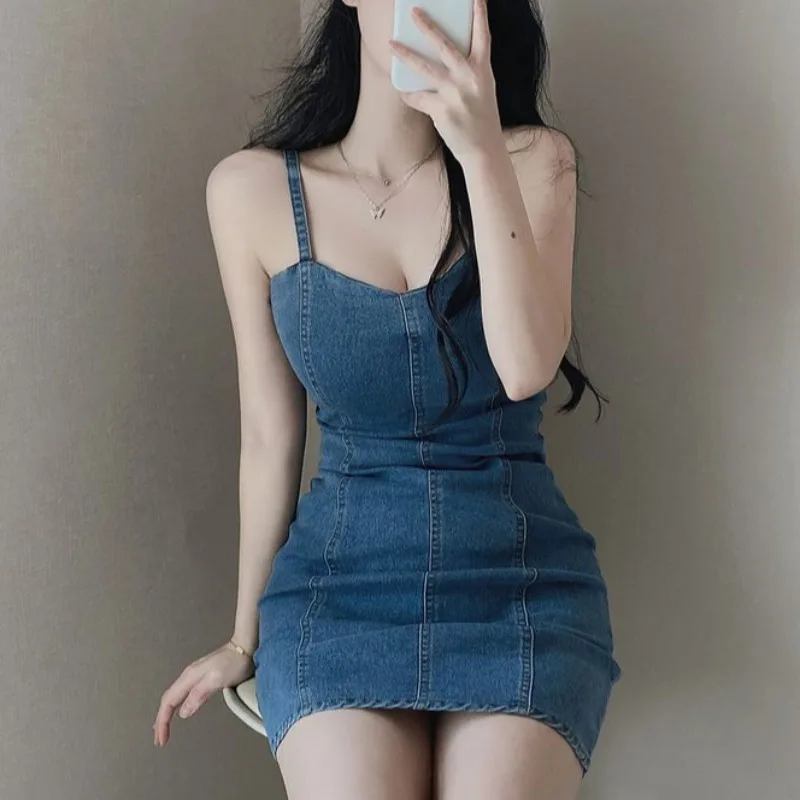 Женское облегающее джинсовое платье Y2k черное уличное с V-образным вырезом и