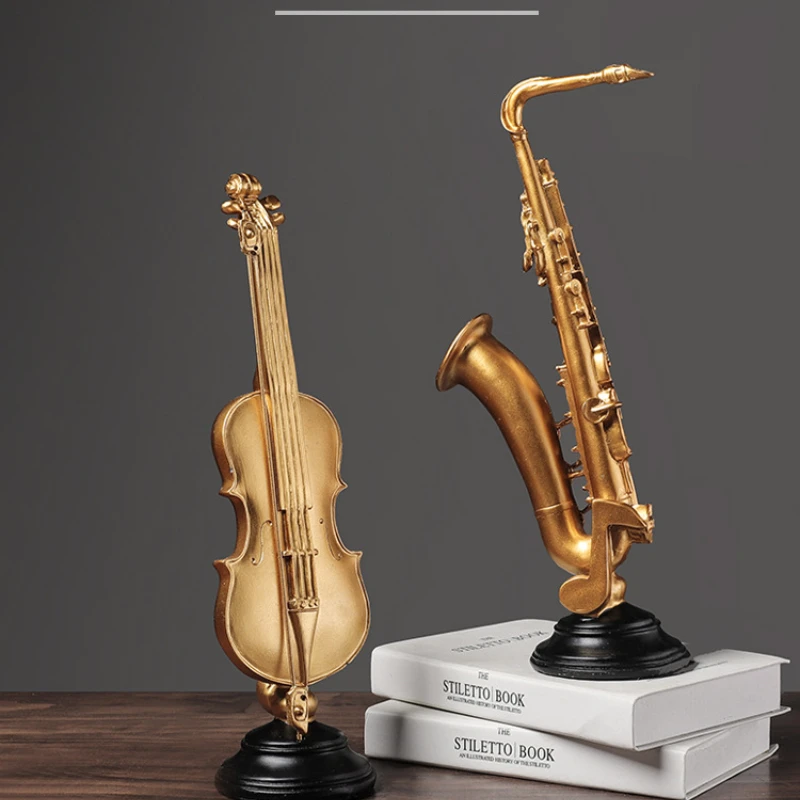 

Nordic Retro Golden Musical Instrument Resin Crafts Decoration Living Room Counter Home Decoration Saxophone Violin Home Decor