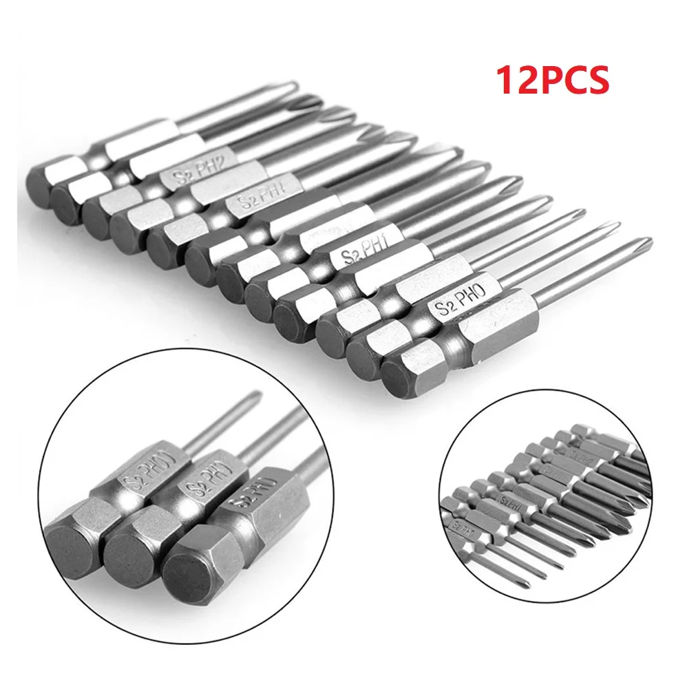

12Pcs Hexagon Shank Cross Screwdriver Bit Hand Tool Antiskid Electric Drill 50MM Electrical Repair Alloy Steel Screwdriver Bit