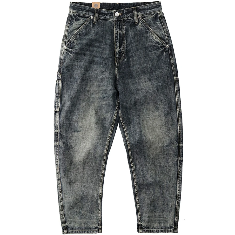 Men's jeans straight tube loose Japanese retro spring and autumn leisure wash do old sand wash retro broad-legged overalls
