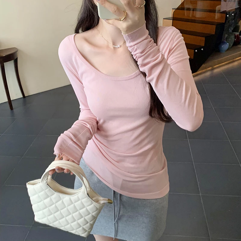 Женская Однотонная футболка с длинным рукавом и круглым вырезом