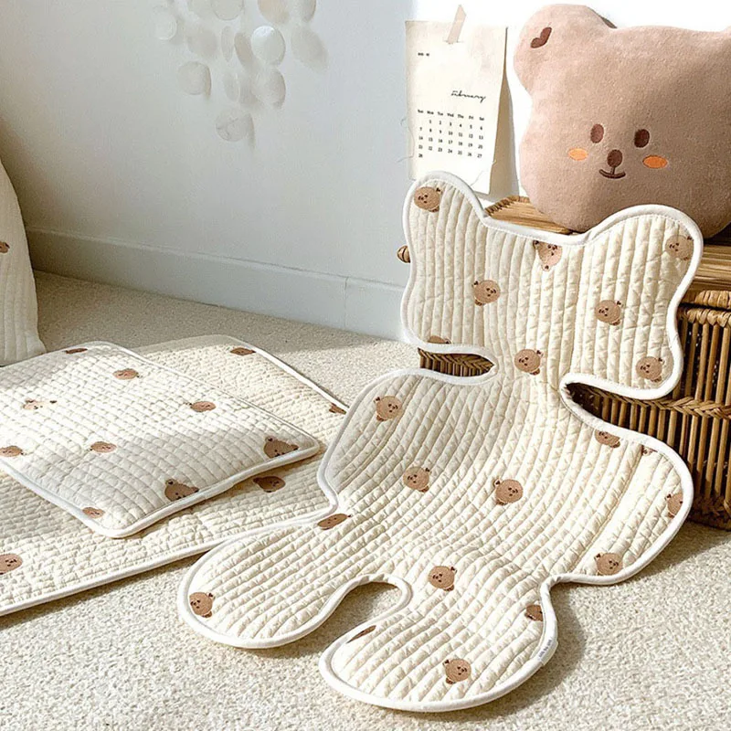 

Baby Stroller Liner Car Seat Cushion Cotton Mattress Embroidery Bear Diaper Changing Pad Mat Newborn Carriages Pram Accessories