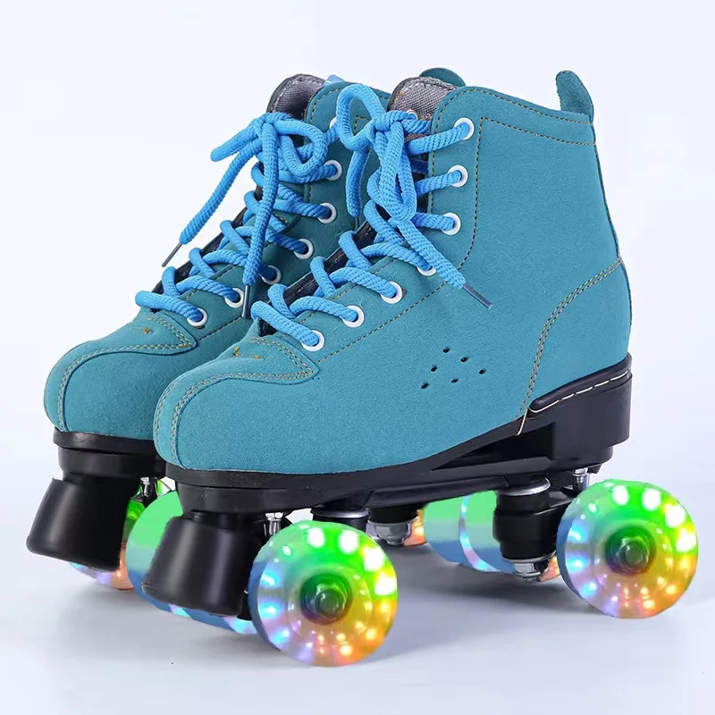 

Blue Roller Skates Shoes Patins With 4 Wheels Inline Skating Quad Adult Double Row Sliding Beginner Microfiber Leather Sneakers