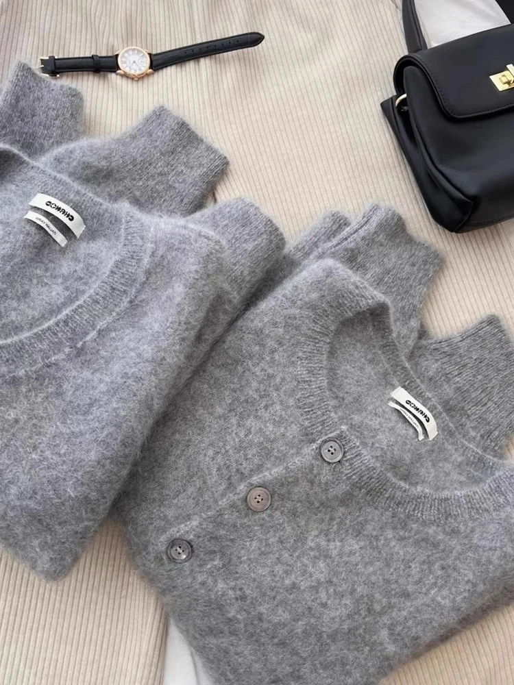 Высококачественный серый мягкий клейкий бархатный вязаный кардиган из