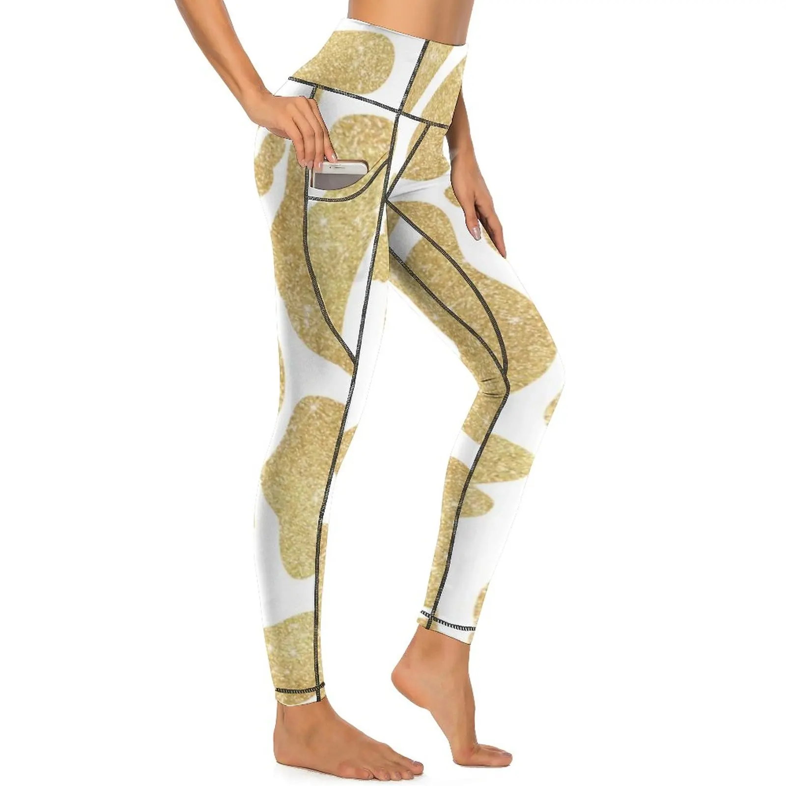 

Gold White Cow Print Yoga Pants Pockets Female Glitter Cow Spots Leggings Sexy Casual Yoga Sport Legging Custom Fitness Leggins