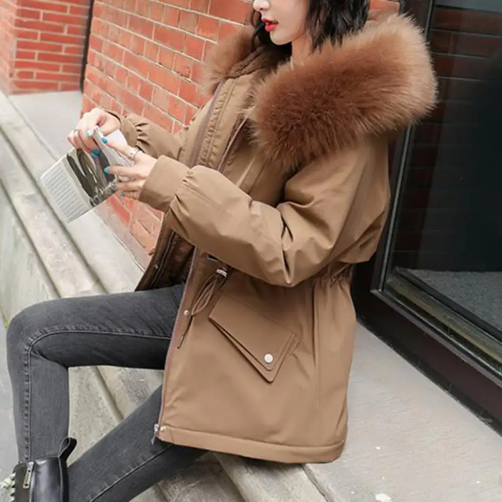 

Cotton Padded Coat Waist Drawstring Zipper Pockets Women Coat Winter Faux Fur Hooded Fleece Lined Mid-Length Down Jacket