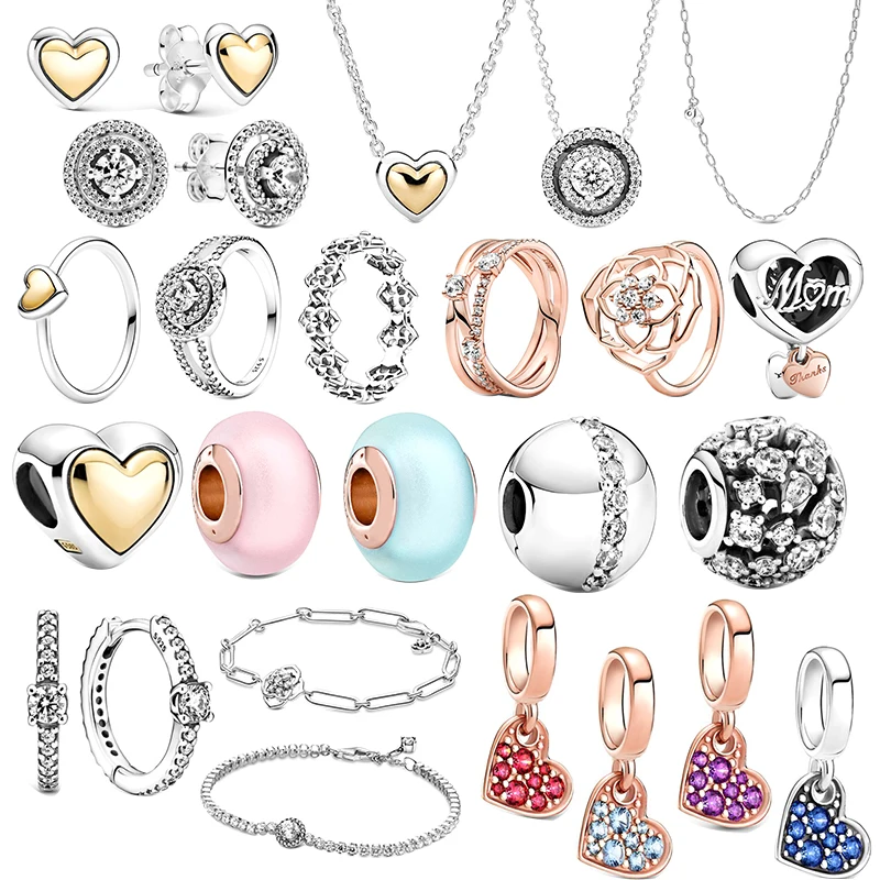 

100% 925 Silver 2021 New Golden Love earrings necklace rose petal ring exquisite fit for DIY bracelet mother's day gift making