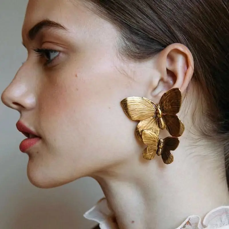 

Fashion Earrings For Women Personality Creative Exaggerated Double Butterfly Gold Color Necklace Vacation Party Trendy New Gift