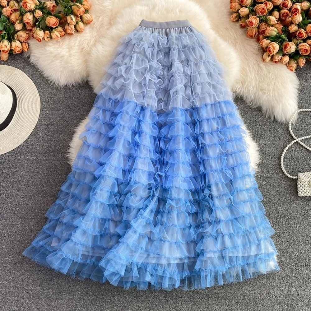 

Luxury Chiffon Skirts Midi Jupe Femme 2022 New Spring Summer Feather Tassel Patchwork High Waist Elegant Slim Long Maxi Skirt