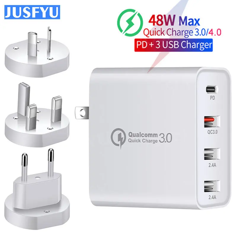 

48W 4 Port Quick Charger PD USB Charger For iPhone 14 13 12 Xiaomi Samsung Tablet QC 3.0 Fast Wall Charger EU UK AU Plug Adapter