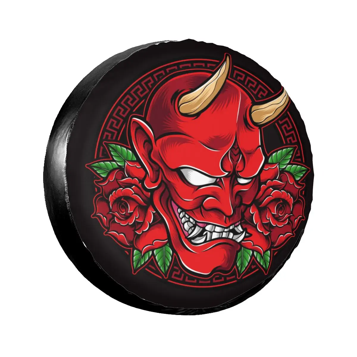 

1pcs Universal Car Spare Tire Covers Case Auto Wheel Tires Red Oni Mask With Roses Vehicle Tyre Waterproof Polyester Bag