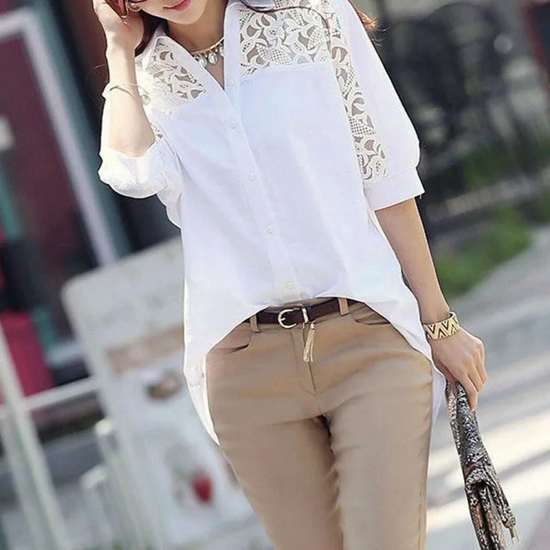 Casual Commute Female Solid Color Hollow Out Lace Shirt Fashion Summer Women's Clothing All-match Spliced Half Sleeve Blouse