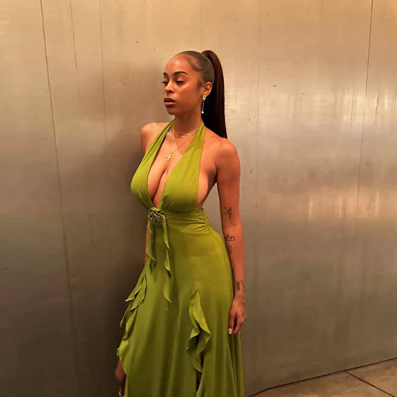 Лето 2024 сексуальное вечернее платье с открытой спиной и рюшами v-образным вырезом