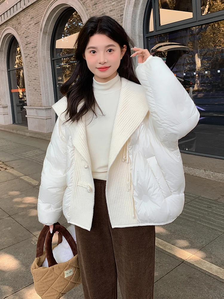 Корейская модная вязаная лоскутная куртка-пуховик с большими лацканами женская