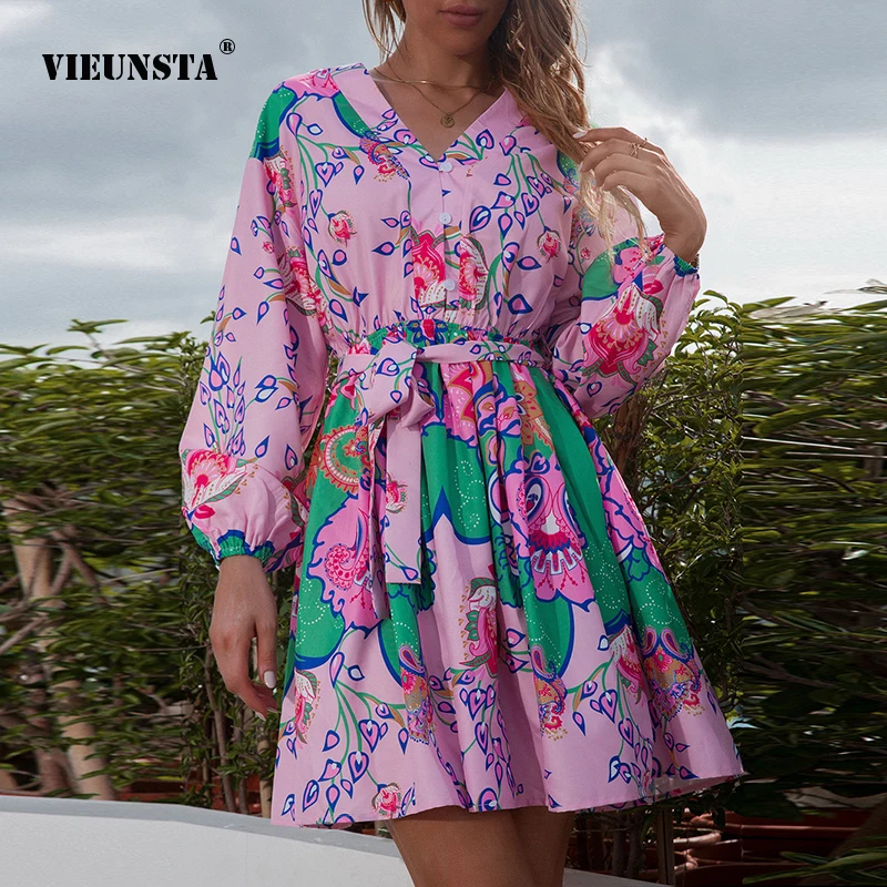 

Модное винтажное мини-платье с принтом, Новинка лета 2022, соблазнительные кружевные облегающие платья средней длины на пуговицах с V-образны...