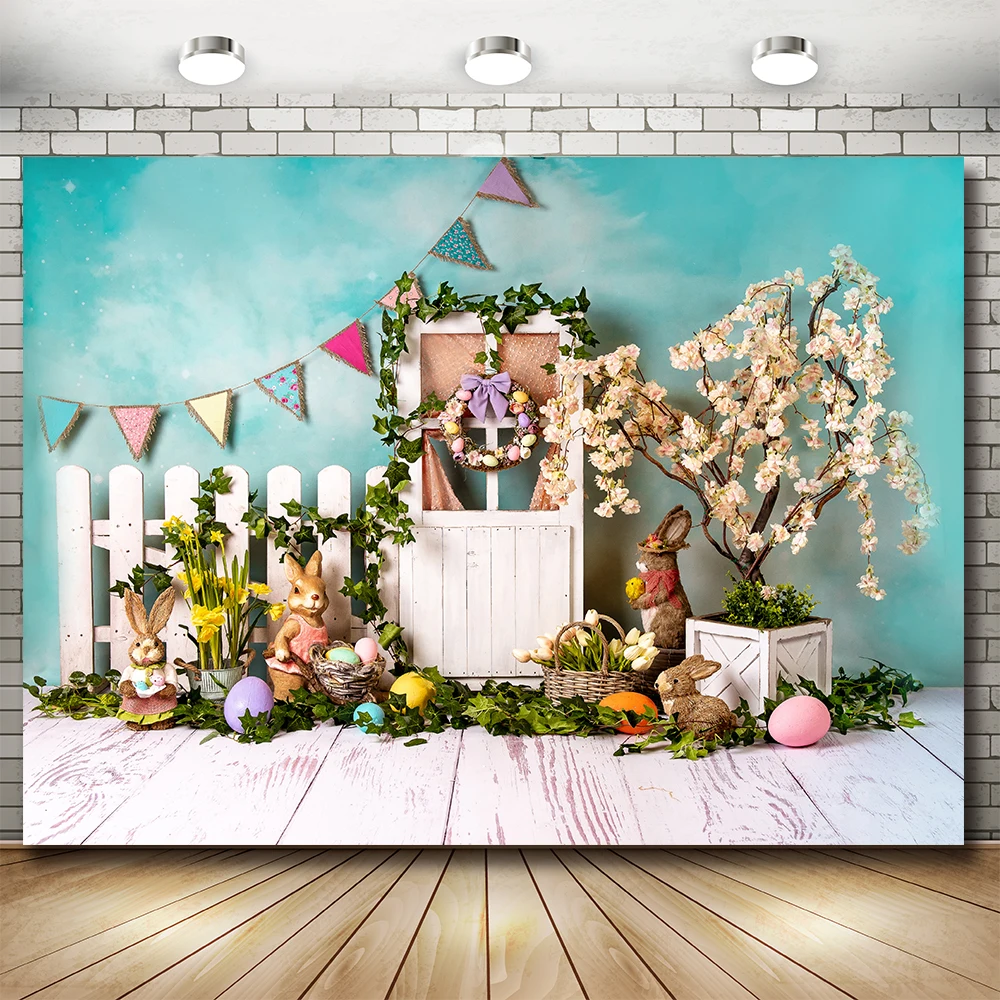 

Easter Theme Photography Backdrops Greenery Pastel Flowers Bunny Eggs Baby Child Portrait Photocall Background for Photo Studio