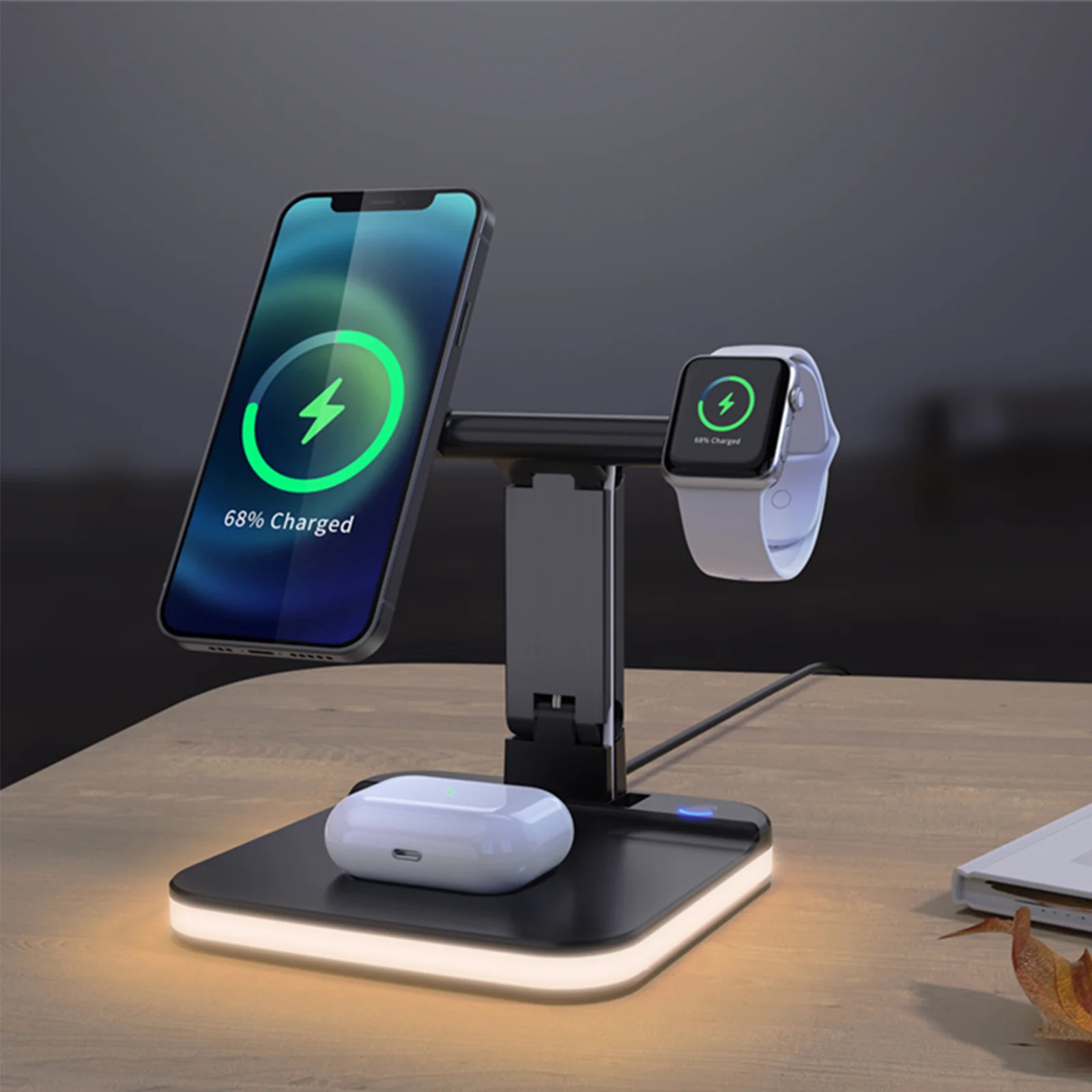 

Folding Desktop Bedroom Office Wireless Charger With LED Light Table Lamp For iPhone Android Mobile Phone Smart Watch Earphone