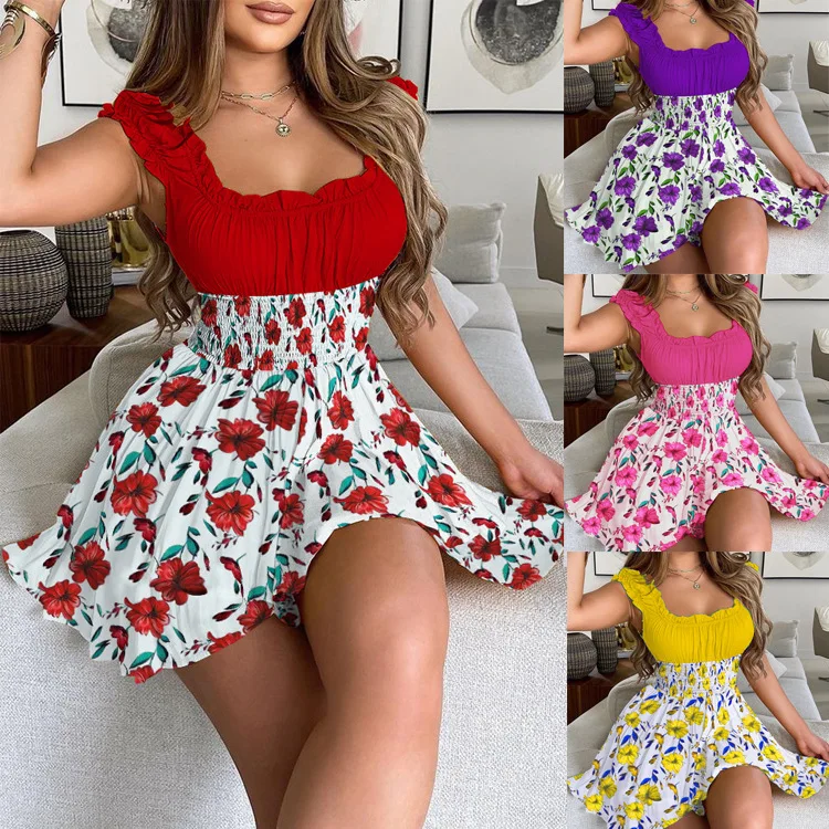 

Women summer sleeveless Mini Dress Sexy Solid Flower print patchwork Wraps Waist Thin Round Neck holiday short Dress Vestidos