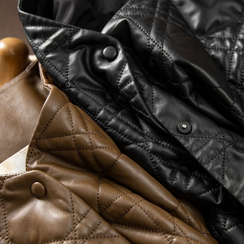 2023 Spring Leather Jacket Woman  Covered Button  Casual  Vintage  Blazer Mujer  Genuine Leather Jacket  Sheepskin  V-Neck Coat