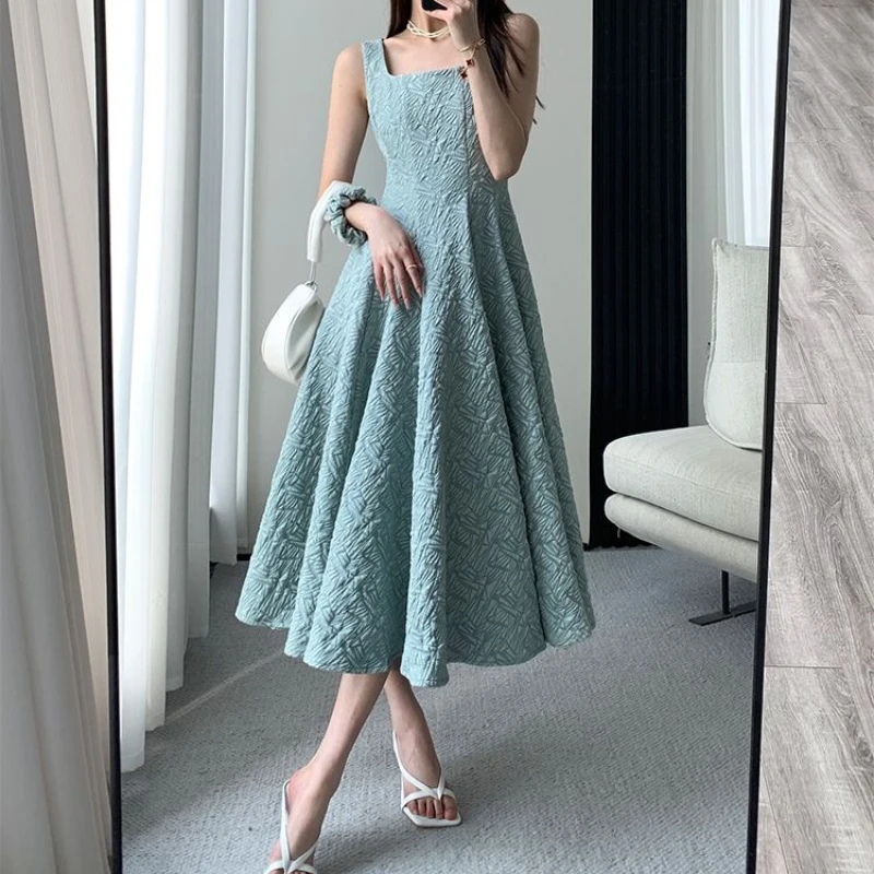 2022 Summer French Fold Blue Mesh A-line Dress Sleeveless Square Collar Elegant Dress Party Dress OL Style Clothing for Female images - 6