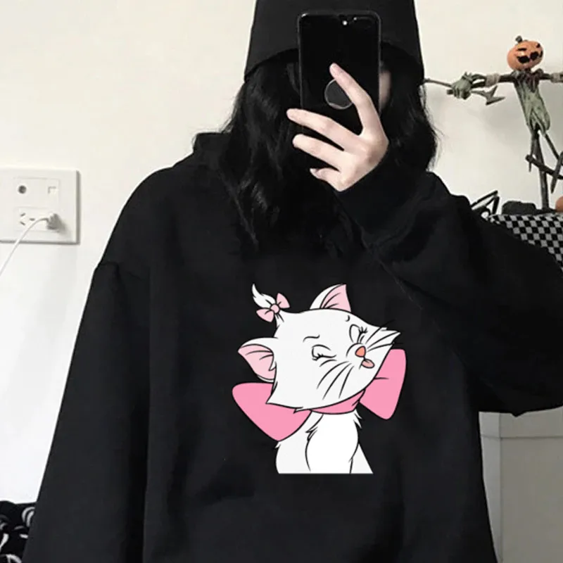 

Милые женские толстовки с капюшоном, пуловер с принтом кота Мари, повседневные топы, толстовка с капюшоном Диснея, винтажная Толстовка с дли...